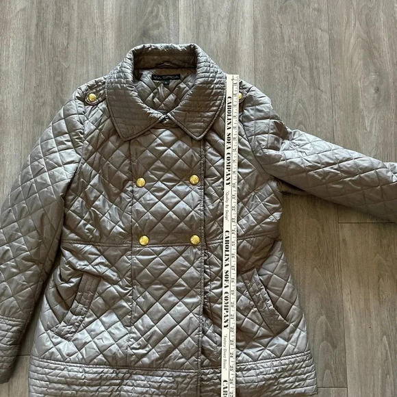 Via Spiga Gray Puffer Jacket Gold Buttons Women’s Large NWOT - Picture 11 of 12